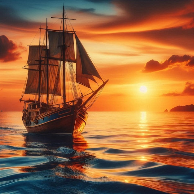 Tranquil Sunset Classic Wooden Sailboat on Calm Seas