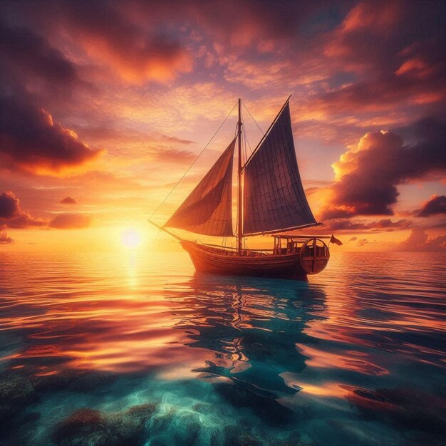 Tranquil Sunset Classic Wooden Sailboat on Calm Seas