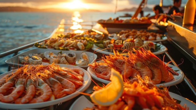 A tranquil sunset cruise with a seafood dinner buffet featuring freshly caught fish prawns and seafood salads