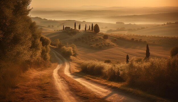 Photo tranquil sunset over italian vineyard in autumn generated by ai