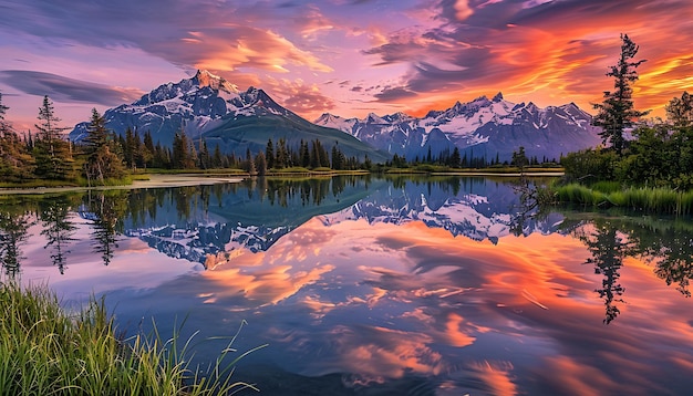 Tranquil sunset over majestic mountain lake in Jasper National Park Canada