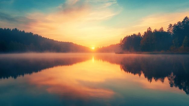 Tranquil Sunset Over Misty Colorful Lake