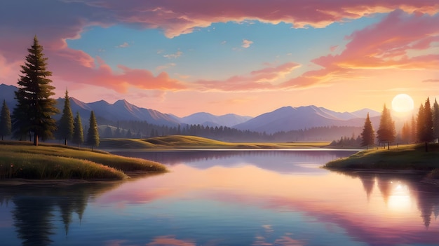 Tranquil Sunset Over Misty Mountain Lake a painting of a lake with mountains in the background