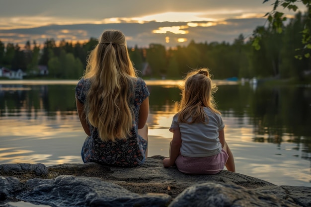 Tranquil sunset moment mother and daughter sitting by lake on rock in minimalist style