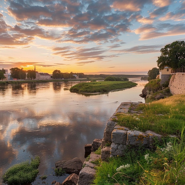 Tranquil Sunset on Narva River Riverside