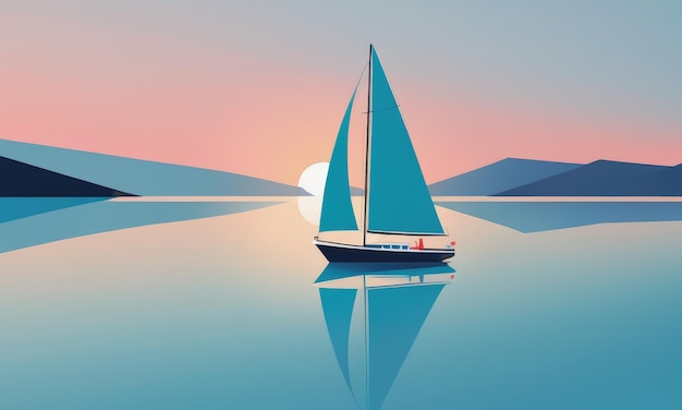 Tranquil sunset nautical vessel sails