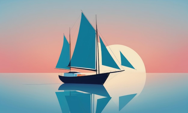 Tranquil sunset nautical vessel sails