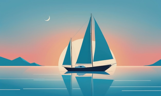 Tranquil sunset nautical vessel sails