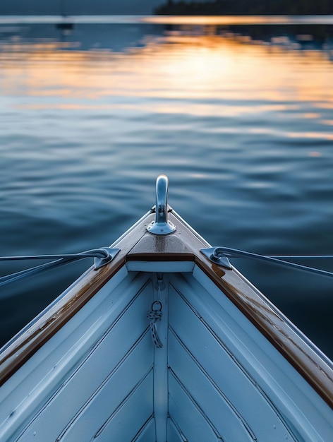 Photo tranquil sunset reflections on calm waters from a boats bow