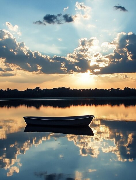 Photo tranquil sunset reflections serene boat on calm waters