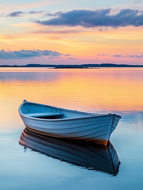 Tranquil Sunset Reflections Serene Boat on Calm Waters