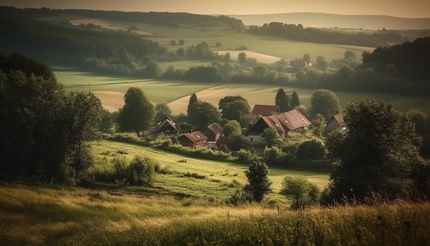 Photo tranquil sunset over rustic italian farmhouse in panoramic landscape view generated by ai