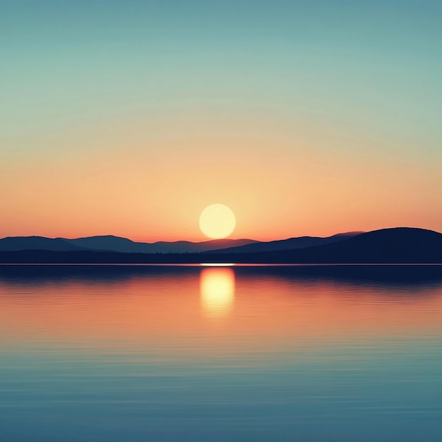 Tranquil Sunset Scene Sun Setting over Lake with Mountains