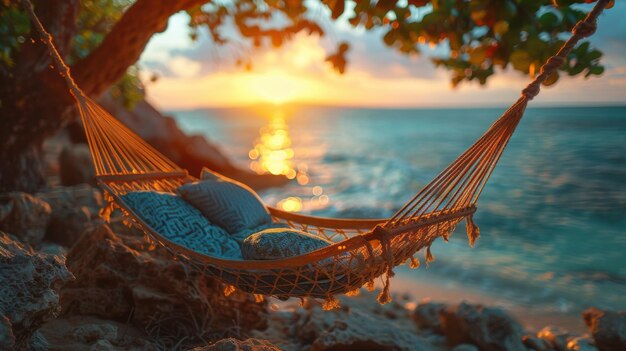 Tranquil Sunset Scene with Hammock on Tropical Beach Photography with Nikon Z50 and 50mm f18 Lens