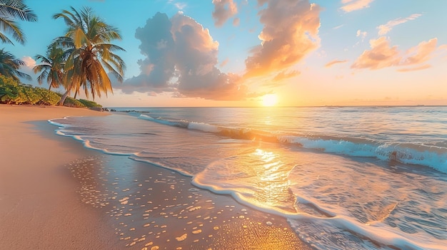 Tranquil Sunset Seascape with Palm Trees and Soft Waves on Tropical Island Beach