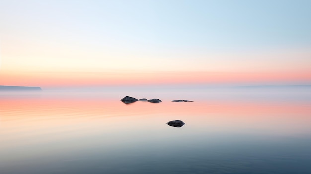 Photo tranquil sunset over a serene lake with rocks and reflective water