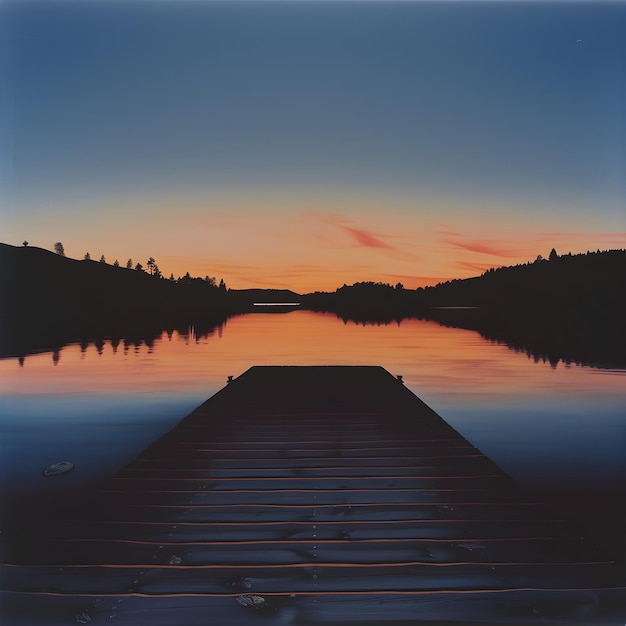 Photo tranquil sunset over serene lake with silhouetted hills and wooden pier