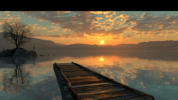 Photo tranquil sunset over serene lake with silhouetted hills and wooden pier