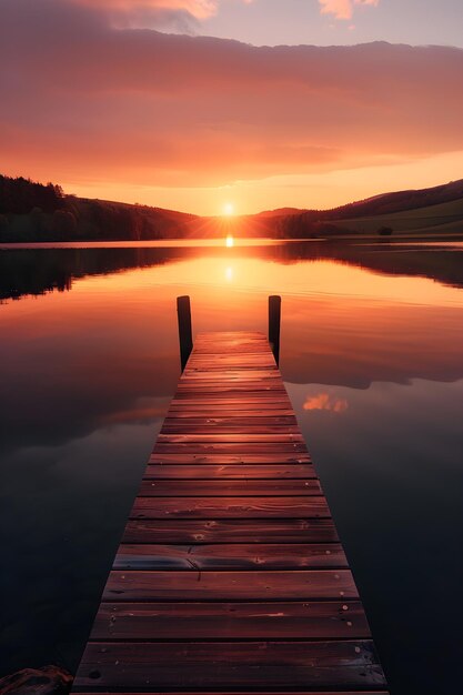 Photo tranquil sunset over serene lake with silhouetted hills and wooden pier