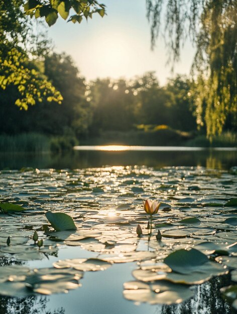 Photo tranquil sunset over serene lily pond with reflections