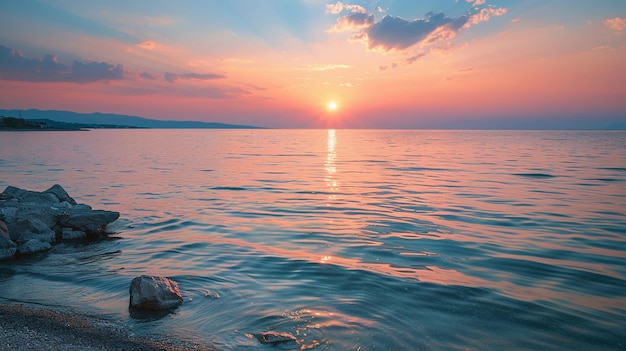 Tranquil Sunset Over Serene Ocean Beach Landscape Calm Waves Coastal Scenery