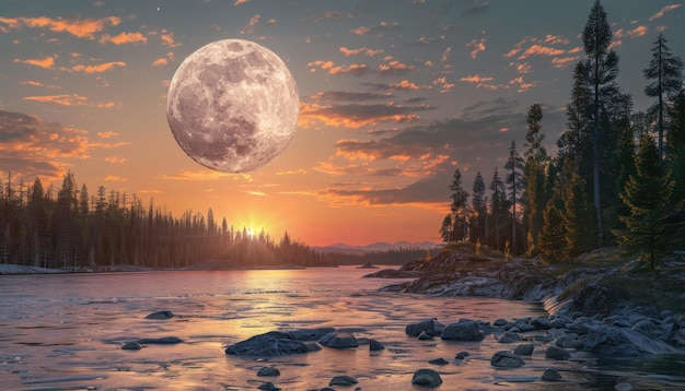 Photo a tranquil sunset over a serene river with a full moon rising behind tall trees in a picturesque nat