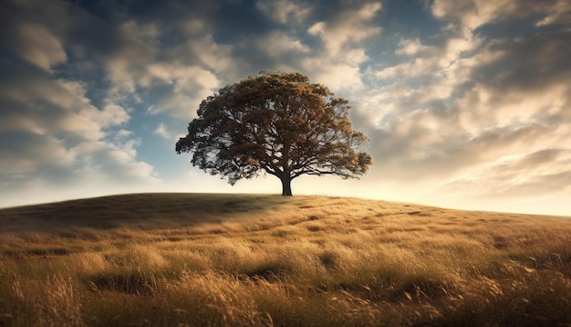 A tranquil sunset silhouettes tree growth over meadow generated by AI