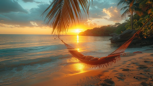 Tranquil Sunset on Tropical Beach with Hammock Relaxing Seascape Photography with Warm Lighting