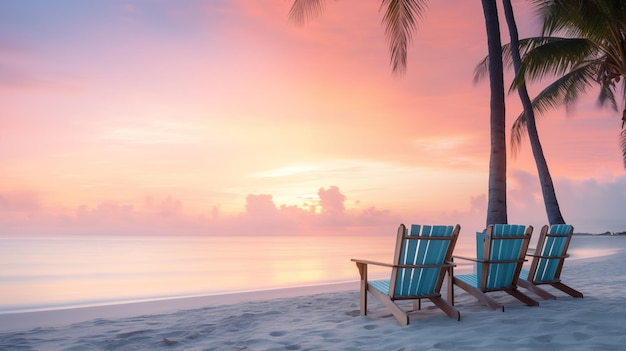 Tranquil Sunset on a Tropical Beach with Palm Trees and Lounge Chairs