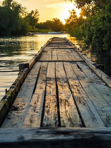 Tranquil Sunset Over Wooden Dock in Serene Waterway