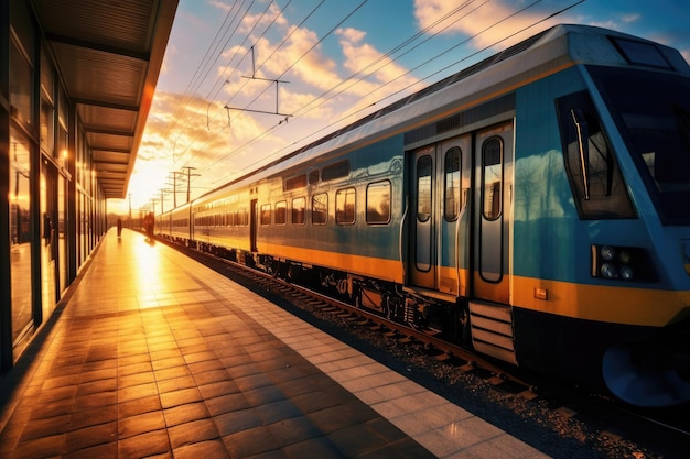 Tranquil sunshine train reflecting blue sky and scenery on platform