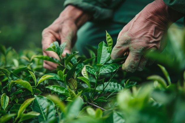 Tranquil tea picking scene workers harvesting leaves on sunny plantation