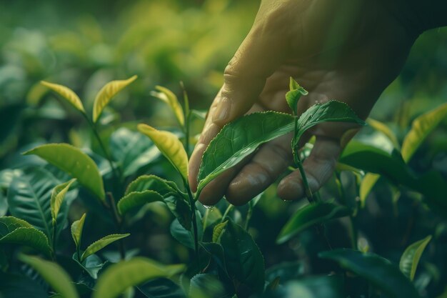 Tranquil tea picking scene workers harvesting leaves on sunny plantation