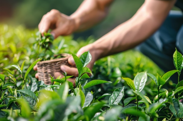 Tranquil tea picking scene workers harvesting leaves on sunny plantation