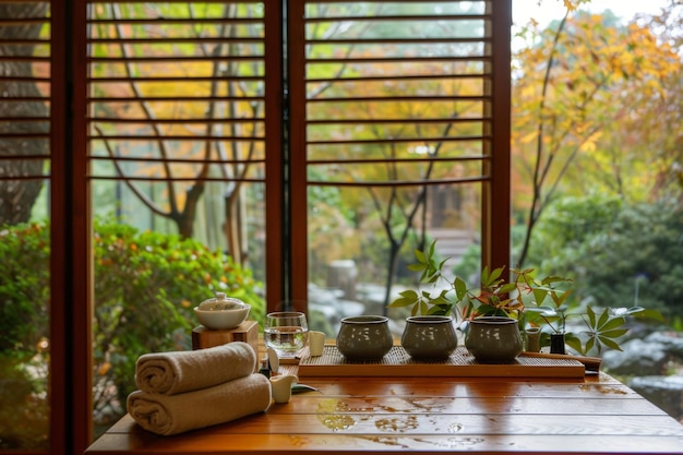 A tranquil tea setup on a wooden table overlooking a colorful garden in autumn with lush greenery an