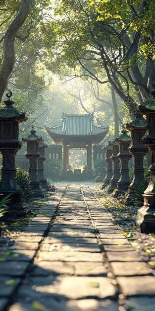 Tranquil Temple Courtyard with Lush Foliage and Sunlit Path