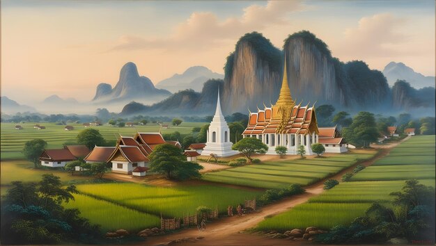 Photo tranquil thai temple amidst lush landscapes