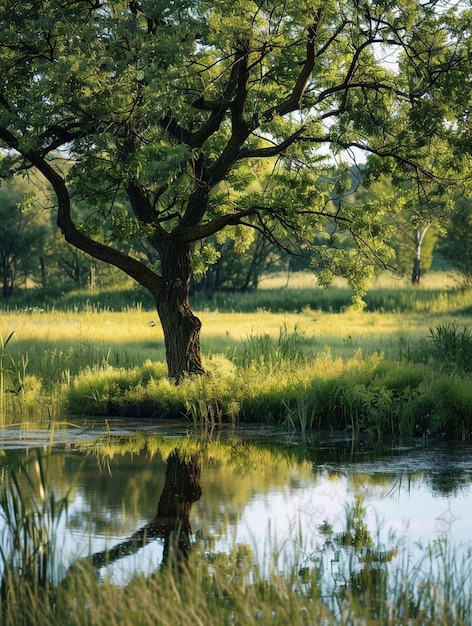 Photo tranquil tree reflection in serene pond landscape