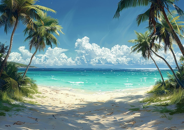 Tranquil Tropical Beach with Swaying Palms