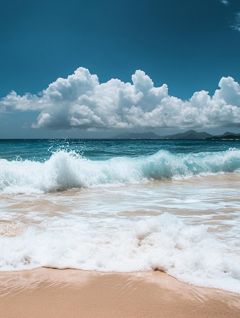 Tranquil Tropical Beach with Waves and Blue Sky