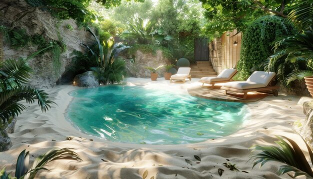 Photo tranquil tropical pool with lounge chairs surrounded by lush greenery in a secluded garden