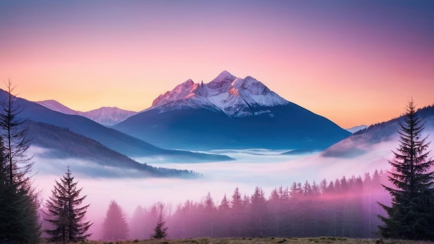 Photo tranquil twilight a stunning sunset overlooking a majestic mountain flanked by lush trees