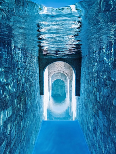 Photo tranquil underwater passage serene blue reflections and architectural arches