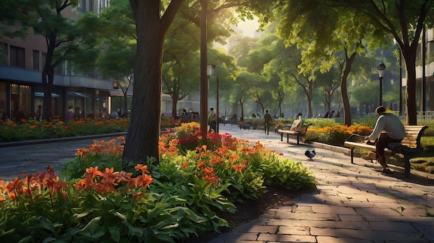 A Tranquil Urban Park Brimming with Life and Activity