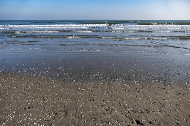 Tranquil view of sea waves on gray sand under a blue sky in Porto Corsini, Ravenna, Italy