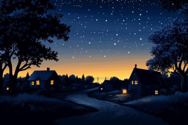 A tranquil village scene at night with glowing windows a winding road and a starry sky