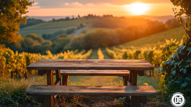 Tranquil vineyard sunset with wooden picnic table relaxing nature landscape rustic outdoor serenity AI