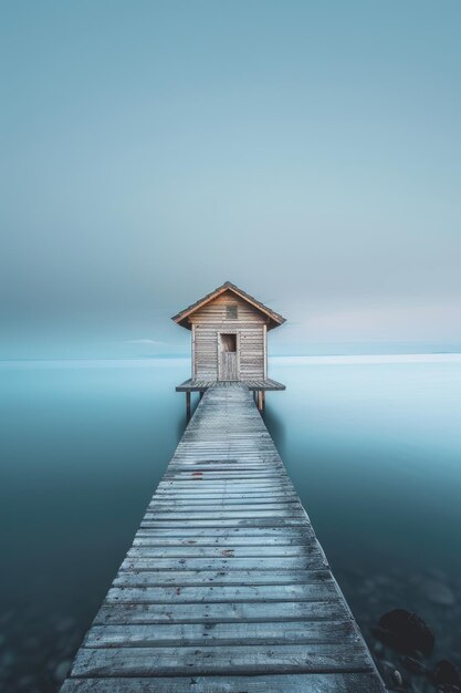 Photo tranquil water landscape with wooden cabin on pier during calm morning light