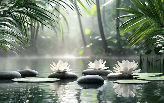 Tranquil water lilies bloom gracefully on smooth stones in a serene tropical pond surrounded by lush greenery at dawn