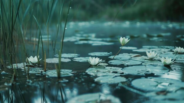 Photo a tranquil water lily pond featuring floating lily pads natural environment